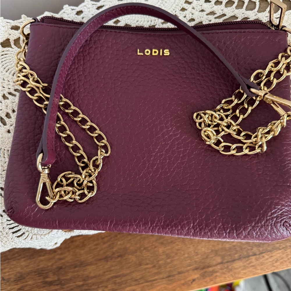 Lodis Emily Burgundy Leather convertible crossbody clutch purse with chain